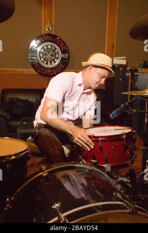 Adrian Young of No Doubt working with Street Drum Corps at Lethal Dose Recordings in Los Angeles working on their 2nd CD 'We Are Machines' Stock Photo