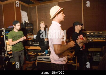 Adam Alt, Bobby Alt, Adrian Young, Frank Zummo of Street Drum Corps at Lethal Dose Recordings in Los Angeles working on their 2nd CD 'We Are Machines' Stock Photo