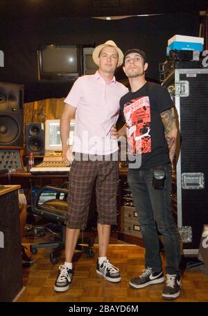 Adrian Young of No Doubt, Frank Zummo of Street Drum Corps at Lethal Dose Recordings in Los Angeles working on their 2nd CD 'We Are Machines' Stock Photo