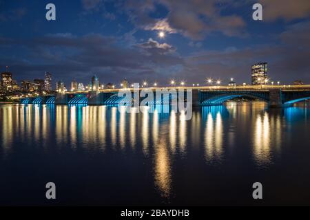 Long Fellow Bridge at Night in Boston Stock Photo