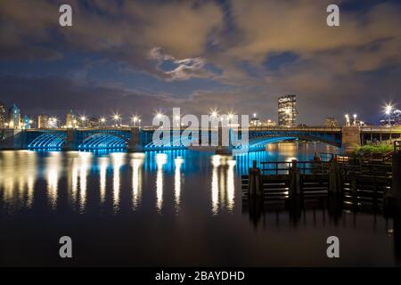 Long Fellow Bridge at Night in Boston Stock Photo