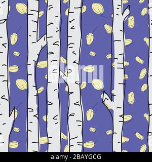 Birch trees and leaves seamless pattern on blue background. Seamless, repeat vector illustration surface pattern design Stock Vector