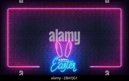 Easter neon background. Easter template with lettering and glowing frame Stock Vector
