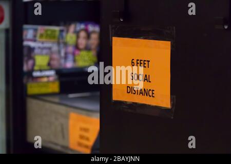 Vancouver, Canada - March 28, 2020: View of sign '6 Feet social distance' at the local supermarket in Vancouver due to Coronavirus(COVID-19) Stock Photo