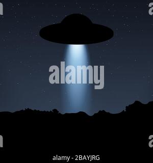 UFO light beam. Vector illustration. Spaceship in the night sky. Stock Vector