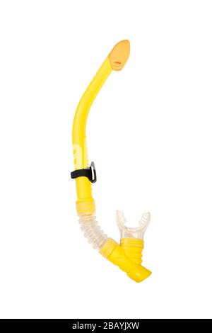 flat lay shot of yellow snorkel or tube for diving isolated on white background Stock Photo