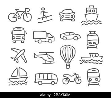 Transport icons in hand drawn style on white background. Stock Vector