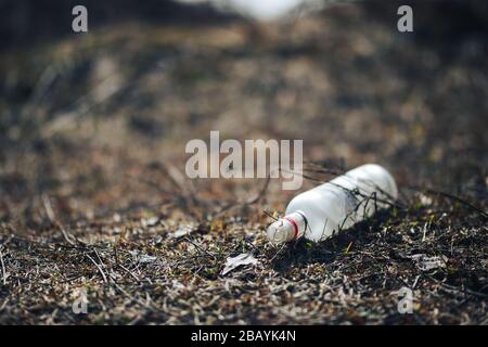 Empty white glass bottle lying on grass in early spring, polluted, conservancy. rubbish after last snows of winter Stock Photo