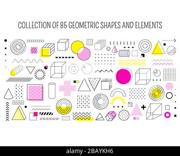 Set of 85 geometric shapes for memphis design. Collection of vector geometrical figures of black and white colors with yellow and red elements. EPS8 Stock Vector
