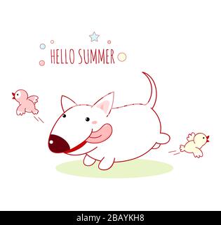 Hello summer. Cute white fat dog runs scaring birds. Bull terrier puppy in kawaii style. Isolated on white background. Vector EPS8 illustration Stock Vector