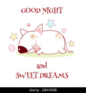 Good night and sweet dreams. Cute dog sleeping with a toy rabbit. Bull terrier puppy in kawaii style. Isolated on white background. Vector EPS8 illust Stock Vector