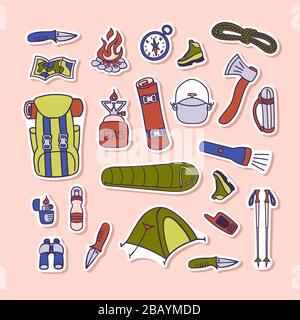 Collection of summer outdoor adventure stickers in doodle style. Flat vector illustration. Stock Vector