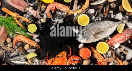 Fish and seafood panorama with copy space, a flat lay overhead shot. Sea bream. shrimps, crab, sardines, squid, mussels, and caviar, forming a frame Stock Photo