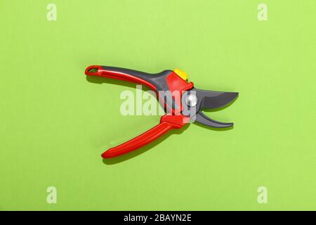 Pair of colorful red garden pruning shears on a green background with the blades open and copy space Stock Photo