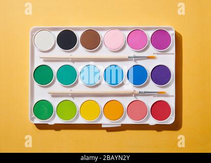 Open new watercolor paint box with two brushes and rainbow colored paints viewed from above on an orange background Stock Photo