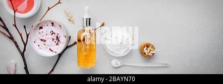 Organic bio cosmetics with herbal ingredients .Natural extract of amber, gold. Oils serum .handmade Stock Photo