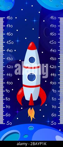 Kids space height chart, cosmic wall meter with cartoon fantasy planets and rocket. Vector template. Stock Vector