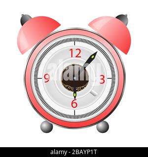 Red Alarm Clock with Cup of Coffee Isolated on White Background Stock Vector