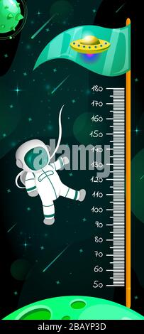 Kids space height chart. Cosmic wall meter with flying astronaut and fantasy planets. Vector template. Stock Vector