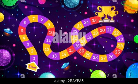 Graphic user interface for space adventure game. Template for children's board game. Vector background with funny rocket and cute planets. Stock Vector