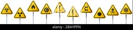 Rounded triangular signs of a hazard warnings. Yellow Signs with varied danger symbols Stock Vector