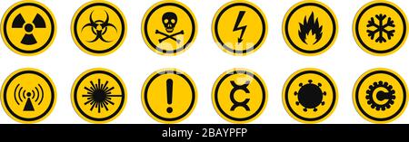 Circular signs of a hazard warnings. Round signs with varied danger symbols Stock Vector