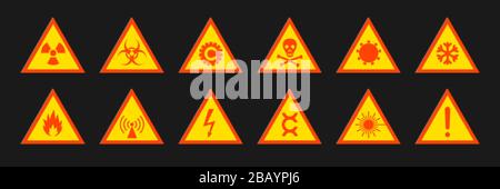Triangular signs of a hazard warnings. Triangular signs with varied danger symbols Stock Vector