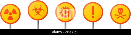 Round signs of a hazard warnings : biohazard, ionizing radiation, coronavirus, poison and generic danger. Stock Vector