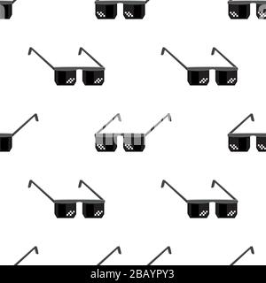 Isometric Pixel Glasses Icon Isolated on White Background. Black Plastic Sunglasses. Seamless Pattern Stock Vector