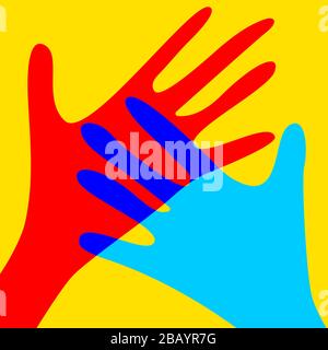 Two hands, symbol of help, support, friendship or love. Charity illustration, symbol of volunteer, hope, vector palms Stock Vector