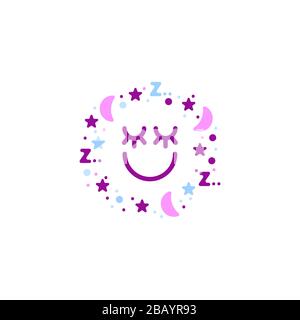 Sleeping emodji, stars, moon and smiley, dream symbol, sleep concept, vector creative illustration Stock Vector