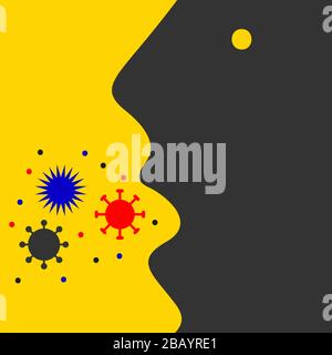 Person suffering from acute respiratory viral infections, colds, flu, bacterial infection, man with germs flying out of his mouth, viruses, vector illustration Stock Vector