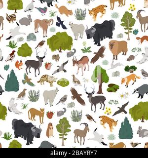Apine tundra biome, natural region seamless pattern. Terrestrial ecosystem world map. Animals, birds and plants design set. Vector illustration Stock Vector