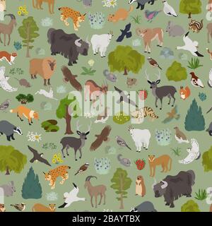 Apine tundra biome, natural region seamless pattern. Terrestrial ecosystem world map. Animals, birds and plants design set. Vector illustration Stock Vector