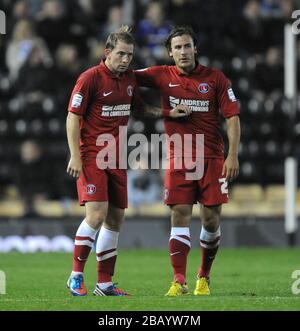 Charlton Athletic's Danny Green (left) celebrates his goal against Derby County with Lawrie Wilson. Stock Photo