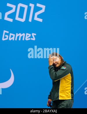 South Africa's Natalie du Toit is emotional after collecting her silver medal in the women's 100m freestyle S9 Stock Photo