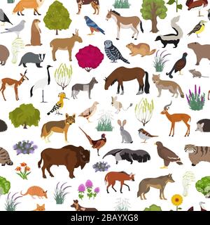 Temperate and dry steppe biome, natural region seamless pattern. Prarie, steppe, grassland, pampas. Terrestrial ecosystem world map. Animals, birds an Stock Vector