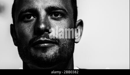 (Enhanced in Photoshop) South Africa's Oscar Pistorius during a press conference in the Main press Centre, Olympic Park, London Stock Photo