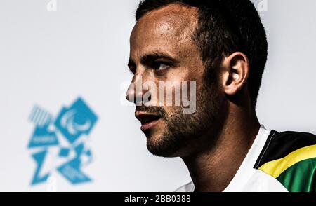 (Enhanced in Photoshop) South Africa's Oscar Pistorius during a press conference in the Main press Centre, Olympic Park, London Stock Photo