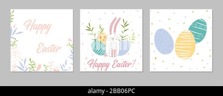 Tender Happy Easter templates square with eggs, flowers and typographic design, easter bunny, spring seamless pattern. Good for spring and Easter gree Stock Vector