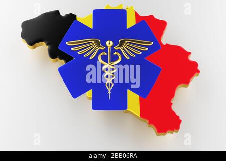 Caduceus sign with snakes on a medical star. Map of Belgium land border with flag. Belgium map on white background. 3d rendering Stock Photo
