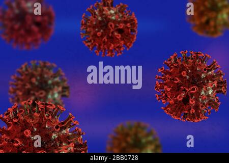 Illustration of group of corona viruses, covid-19 on blue background.  Contagion and propagation of a disease.  3D illustration. Stock Photo