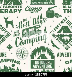 Set of outdoor adventure seamless pattern, background. Vector. Seamless camping pattern with hiking boots, camping tent, compass, axe, mountains, bear, deer, forest silhouette. Camping texture Stock Vector