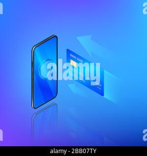 Banking online service in mobile app. Money transfer or internet shopping concept. Credit card and mobile phone with shield on screen. Security and pr Stock Vector