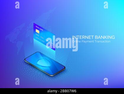 Money transfer or online payment. Banking online service. Internet shopping. Credit card above mobile phone isometric banner. Security and protection Stock Vector