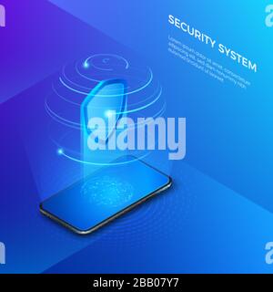 Security and protection private data. Mobile phone with shield hologram security system concept. Vector isometric illustration Stock Vector