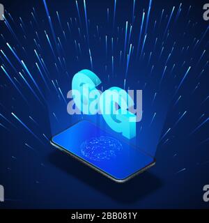 High speed 6G global mobile networks. Business isometric illustration smartphone with internet hologram and text 6g. Modern data transfer. Wireless te Stock Vector