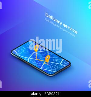 Delivery or taxi service isometric banner. Navigation or gps in mobile. Mobile app cab or shipping. City map on smartphone display with route. Vector Stock Vector
