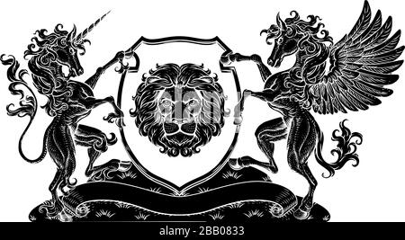 Coat of Arms Crest Pegasus Unicorn Lion Shield Stock Vector