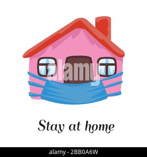 Stay at home concept house covered in mask. Vector illustration. Stock Vector